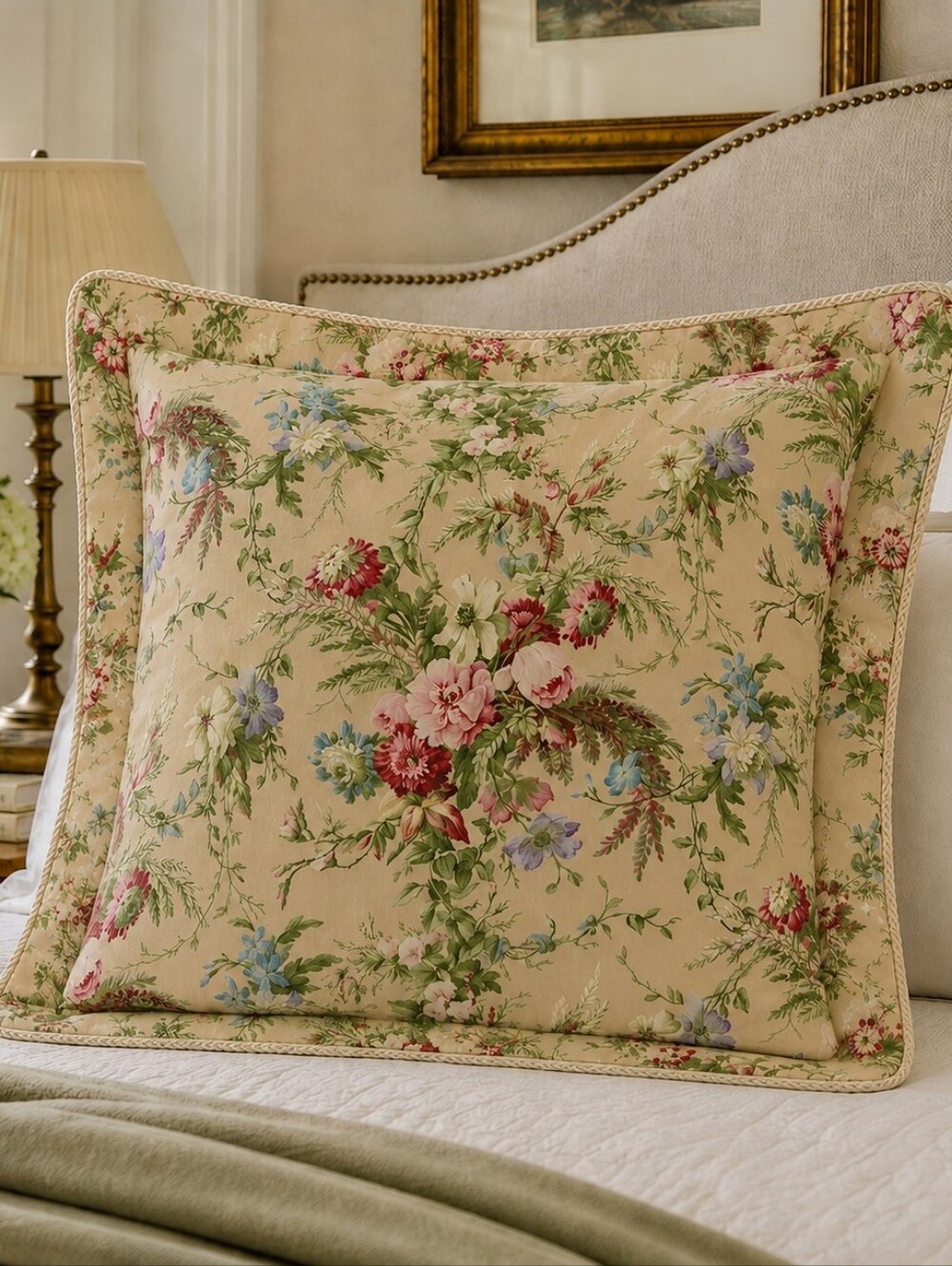 VTG Ralph Lauren Euro Pillow Sham Cotton Cord Trim English Garden Floral Cottage
